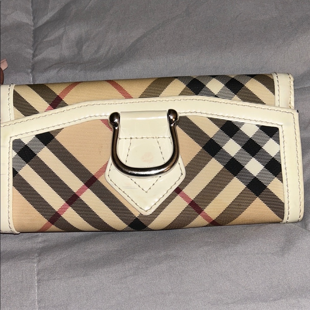 Burberry Beige Plaid Wallet with Cream Trim and Silver D-Ring